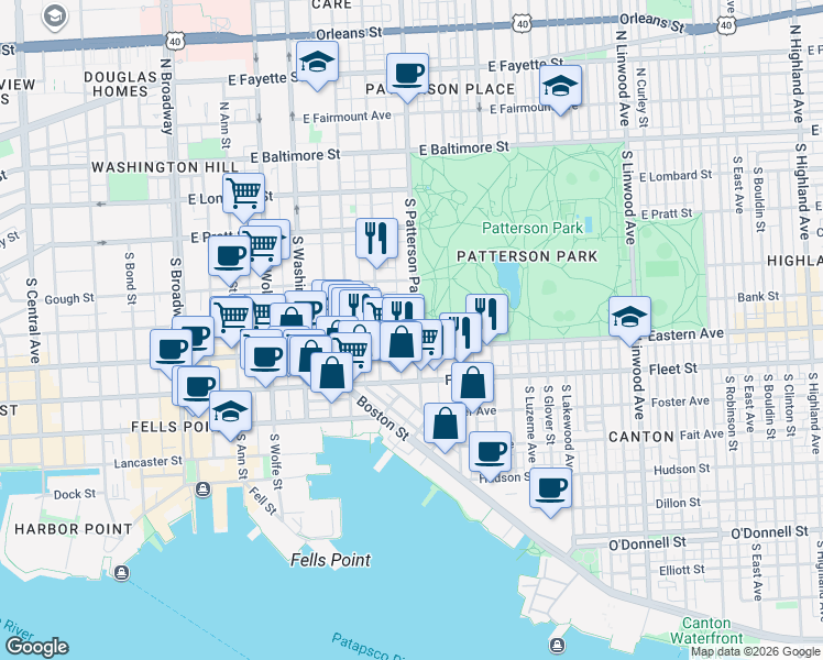 map of restaurants, bars, coffee shops, grocery stores, and more near 416 South Patterson Park Avenue in Baltimore
