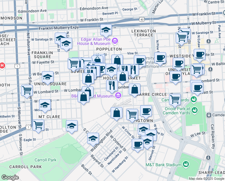 map of restaurants, bars, coffee shops, grocery stores, and more near 103 South Schroeder Street in Baltimore