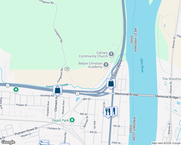 map of restaurants, bars, coffee shops, grocery stores, and more near 220 Congress Road in Belpre