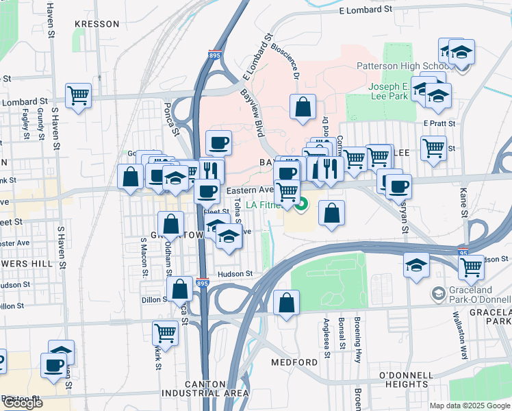 map of restaurants, bars, coffee shops, grocery stores, and more near 513 Umbra Street in Baltimore