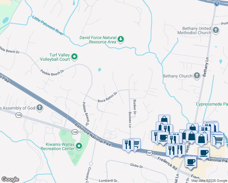 map of restaurants, bars, coffee shops, grocery stores, and more near 10338 Boca Raton Drive in Ellicott City