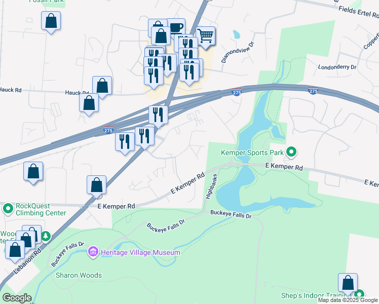 map of restaurants, bars, coffee shops, grocery stores, and more near 4081 Sharon Park Lane in Sharonville