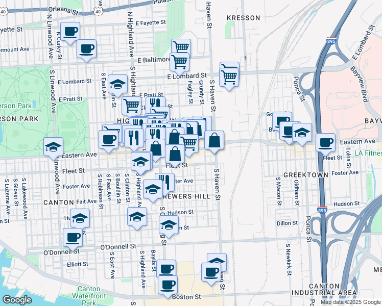 map of restaurants, bars, coffee shops, grocery stores, and more near 3821 Eastern Avenue in Baltimore