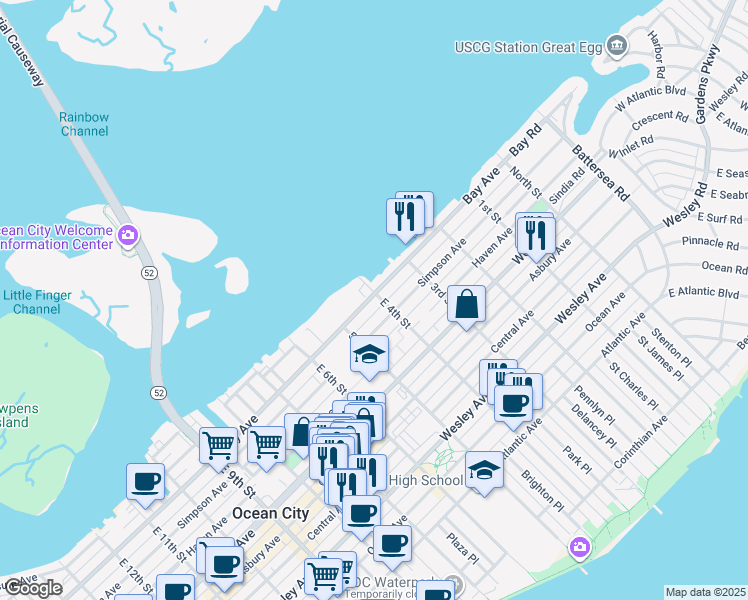 map of restaurants, bars, coffee shops, grocery stores, and more near 403 Bay Avenue in Ocean City