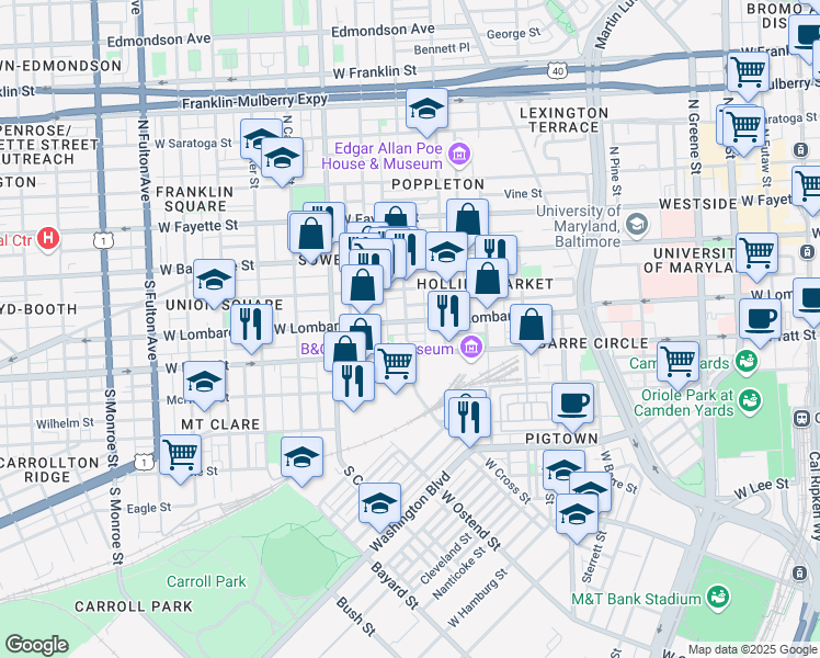 map of restaurants, bars, coffee shops, grocery stores, and more near 105 South Arlington Avenue in Baltimore