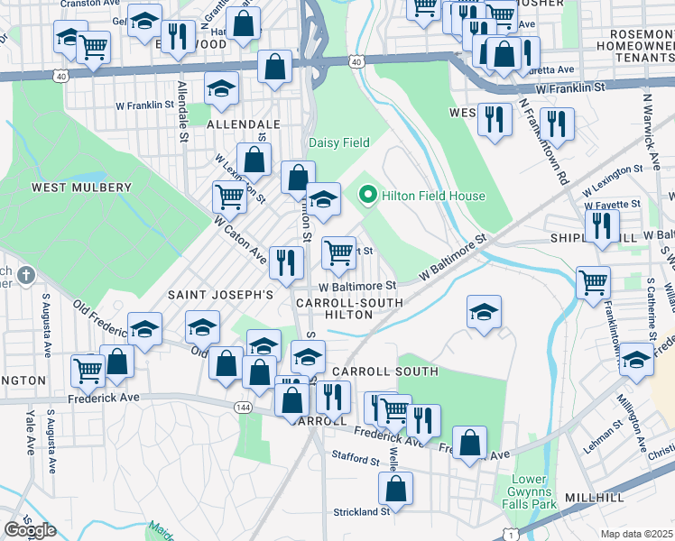 map of restaurants, bars, coffee shops, grocery stores, and more near 21 North Abington Avenue in Baltimore