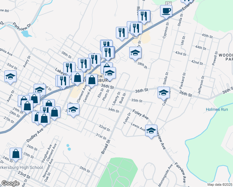 map of restaurants, bars, coffee shops, grocery stores, and more near 3515 Liberty St in Parkersburg