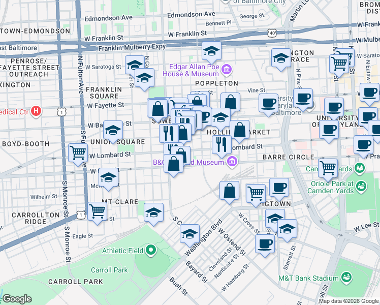 map of restaurants, bars, coffee shops, grocery stores, and more near 1127 West Lombard Street in Baltimore