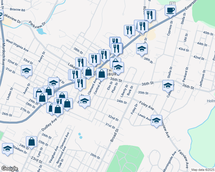 map of restaurants, bars, coffee shops, grocery stores, and more near 3507 Elm Street in Parkersburg
