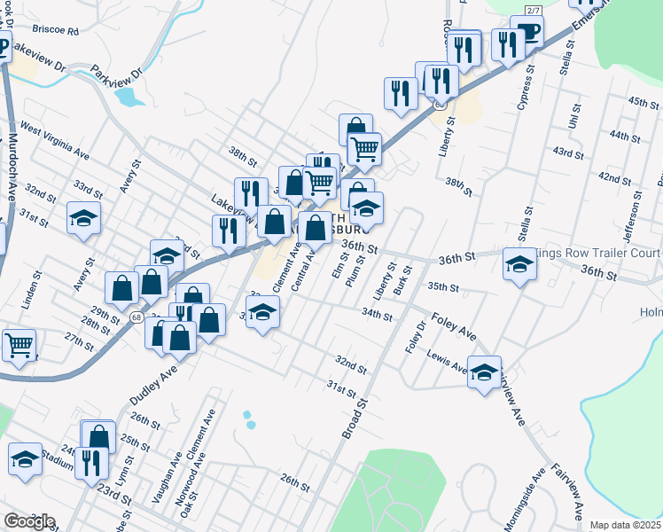 map of restaurants, bars, coffee shops, grocery stores, and more near 3507 Elm Street in Parkersburg