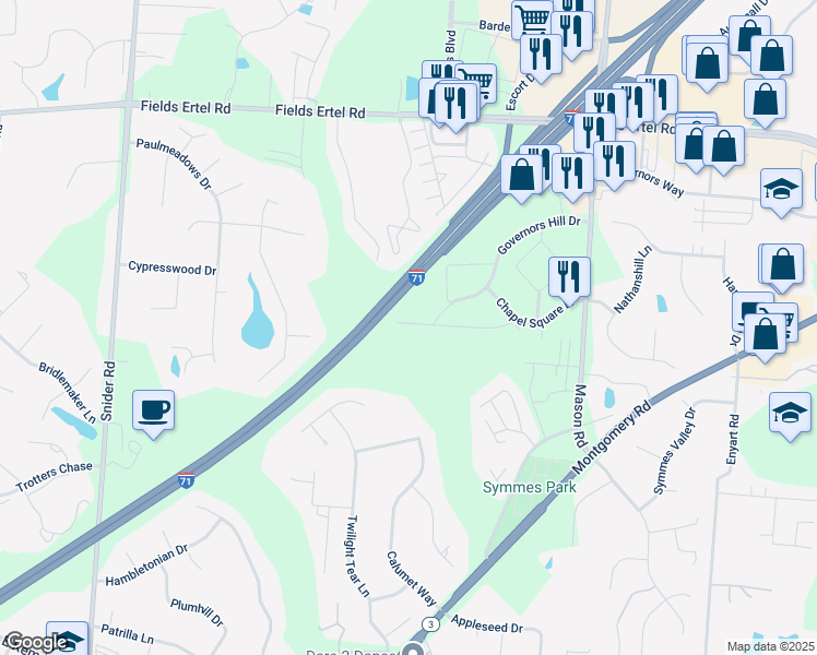 map of restaurants, bars, coffee shops, grocery stores, and more near 8650 Governors Hill Drive in Cincinnati