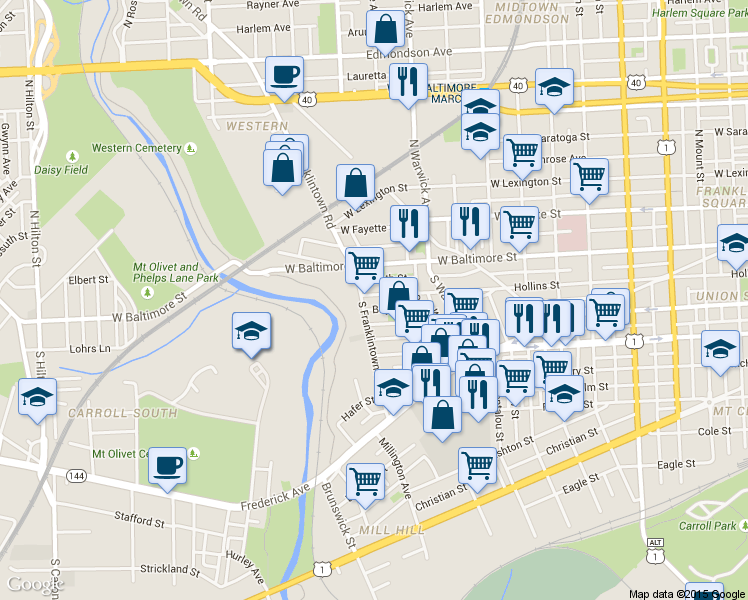 map of restaurants, bars, coffee shops, grocery stores, and more near 2557 Hollins Street in Baltimore