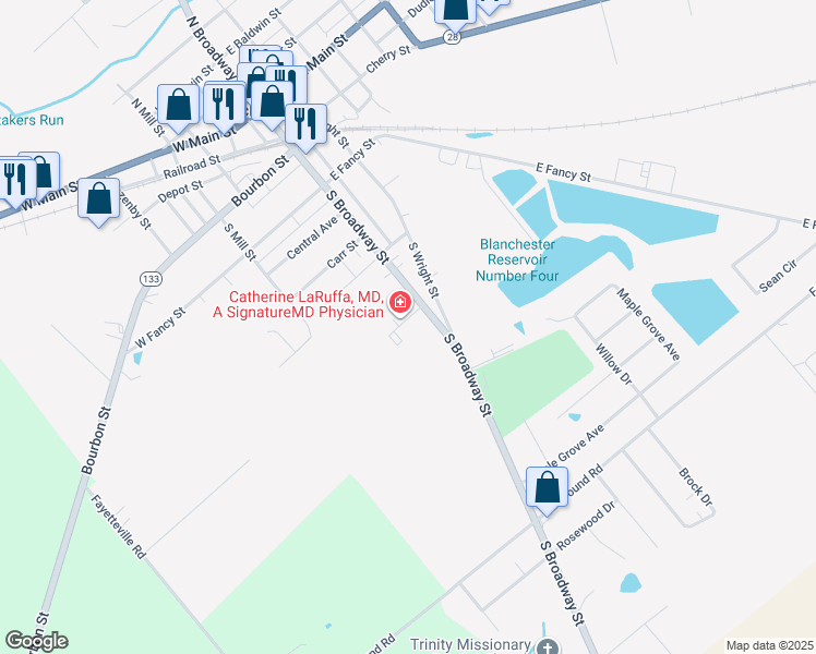 map of restaurants, bars, coffee shops, grocery stores, and more near 746 South Broadway Street in Blanchester