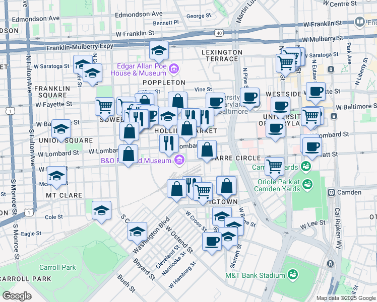 map of restaurants, bars, coffee shops, grocery stores, and more near 111 South Poppleton Street in Baltimore