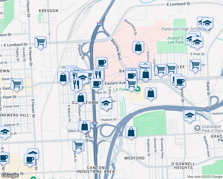 map of restaurants, bars, coffee shops, grocery stores, and more near 513 Tolna Street in Baltimore