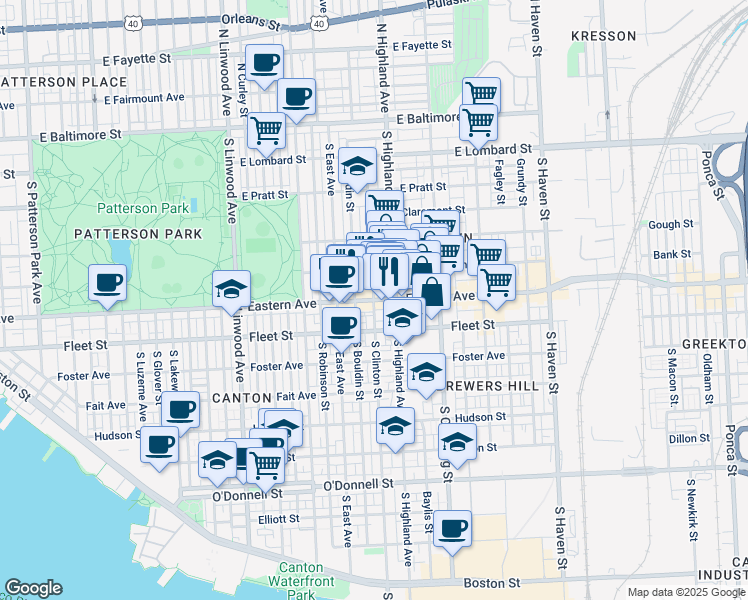 map of restaurants, bars, coffee shops, grocery stores, and more near Eastern Avenue & South Clinton Street in Baltimore