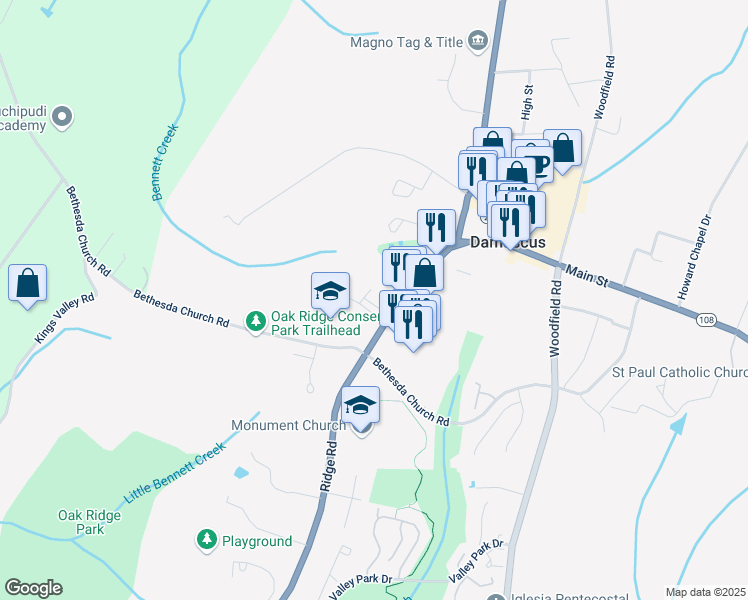 map of restaurants, bars, coffee shops, grocery stores, and more near 26114 Ridge Road in Damascus