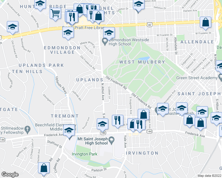 map of restaurants, bars, coffee shops, grocery stores, and more near 47 Cobber Lane in Baltimore