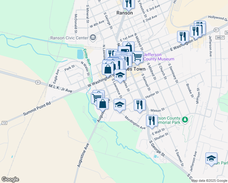 map of restaurants, bars, coffee shops, grocery stores, and more near 308 West Avis Street in Charles Town
