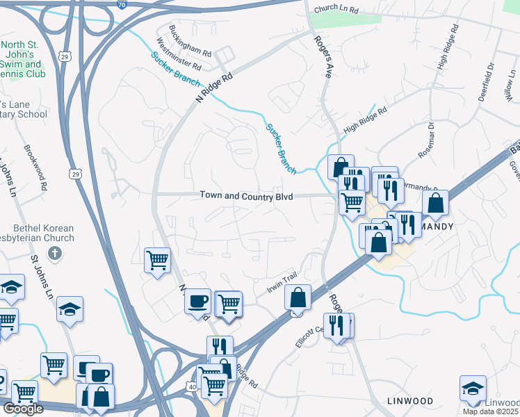 map of restaurants, bars, coffee shops, grocery stores, and more near 8781 Town and Country Boulevard in Ellicott City