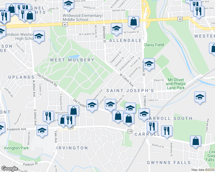 map of restaurants, bars, coffee shops, grocery stores, and more near 1 North Monastery Avenue in Baltimore