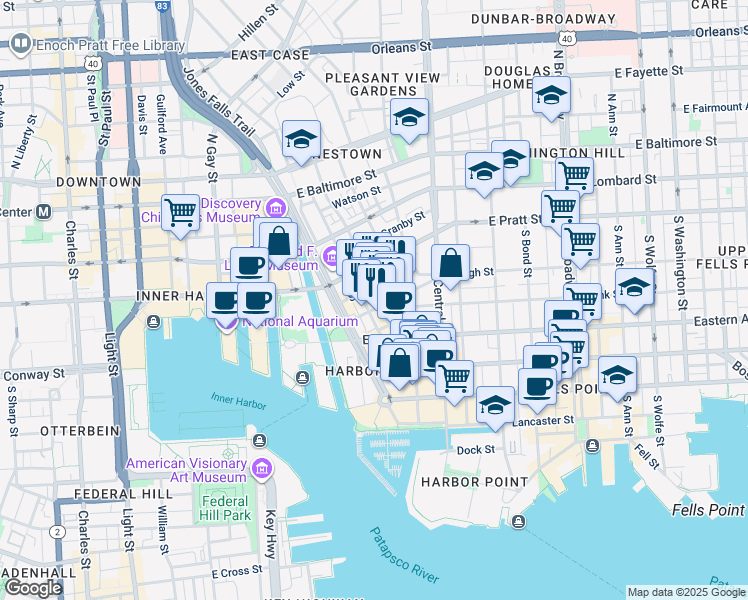 map of restaurants, bars, coffee shops, grocery stores, and more near 238 South High Street in Baltimore