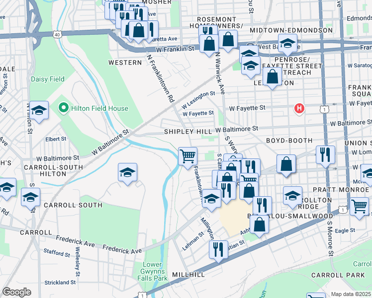 map of restaurants, bars, coffee shops, grocery stores, and more near 40 South Franklintown Road in Baltimore