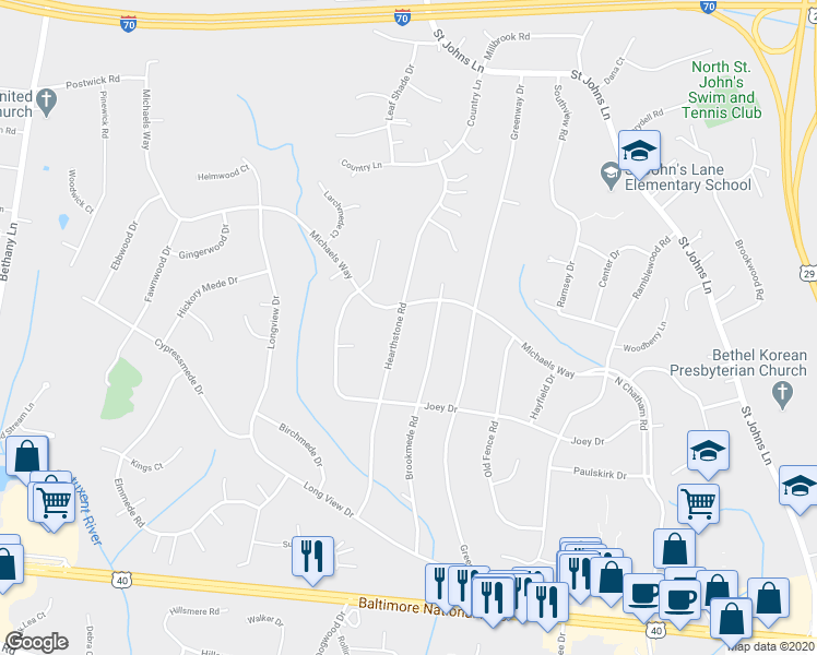 map of restaurants, bars, coffee shops, grocery stores, and more near 3105 Hearthstone Road in Ellicott City