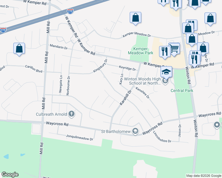 map of restaurants, bars, coffee shops, grocery stores, and more near 11455 Lincolnshire Drive in Cincinnati