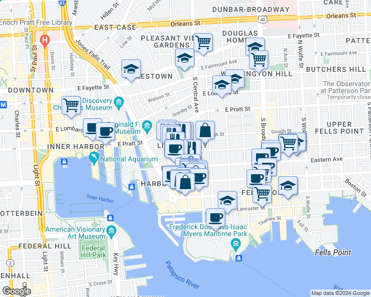 map of restaurants, bars, coffee shops, grocery stores, and more near 309 South Exeter Street in Baltimore