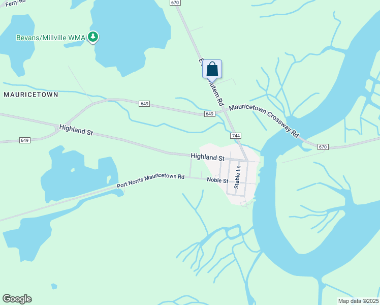 map of restaurants, bars, coffee shops, grocery stores, and more near 9526 Highland Street in Mauricetown