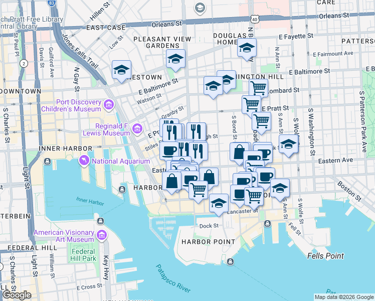 map of restaurants, bars, coffee shops, grocery stores, and more near 1220 Bank Street in Baltimore