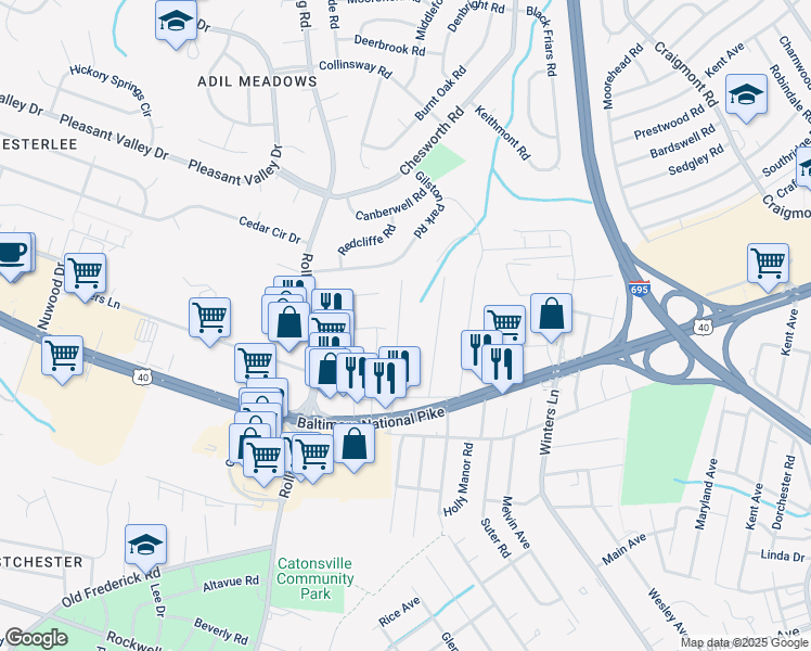map of restaurants, bars, coffee shops, grocery stores, and more near 1101 Cummings Avenue in Catonsville