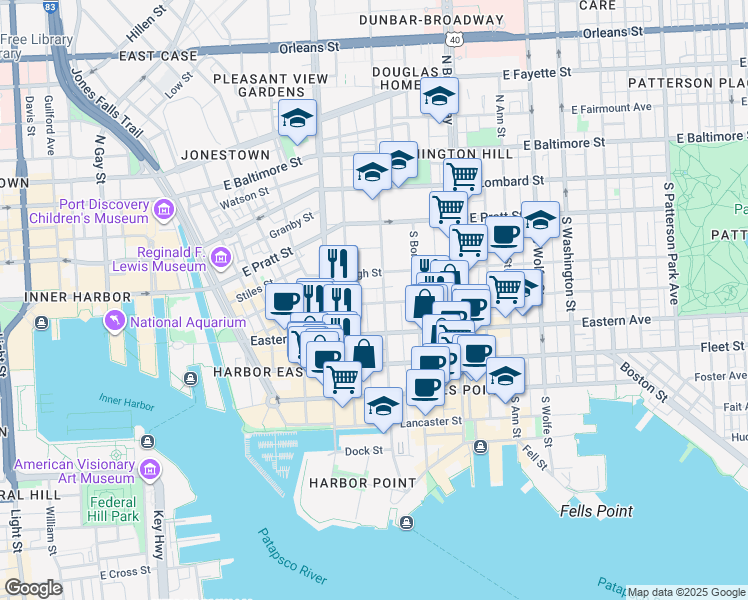 map of restaurants, bars, coffee shops, grocery stores, and more near 354 South Ballou Court in Baltimore