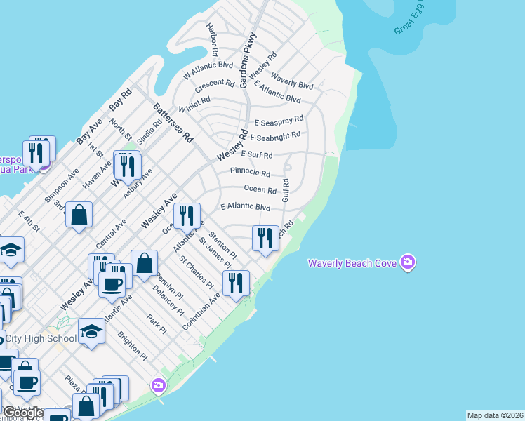 map of restaurants, bars, coffee shops, grocery stores, and more near 139 East Atlantic Boulevard in Ocean City