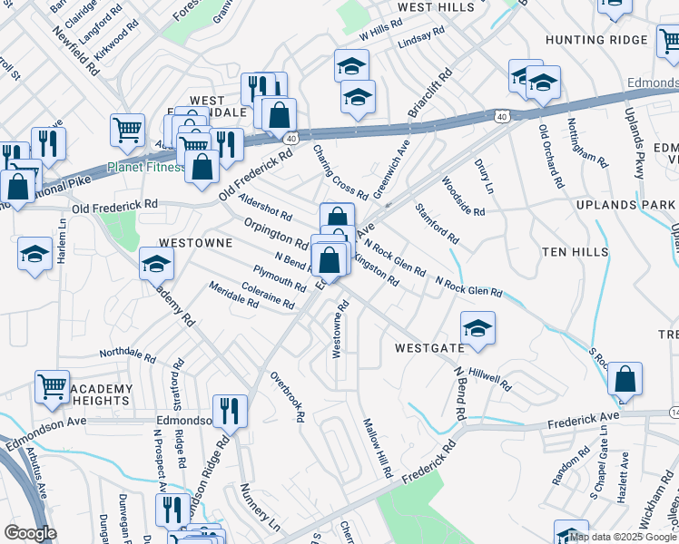 map of restaurants, bars, coffee shops, grocery stores, and more near 5317 Edmondson Avenue in Baltimore