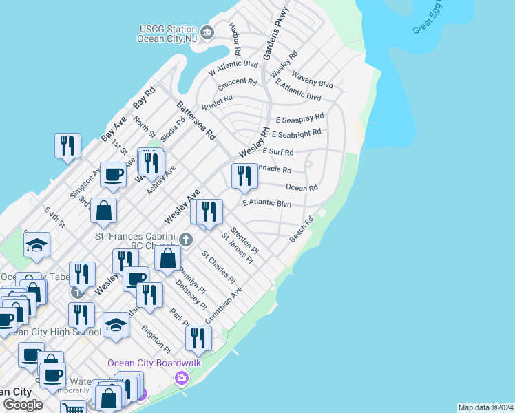 map of restaurants, bars, coffee shops, grocery stores, and more near 111 East Atlantic Boulevard in Ocean City