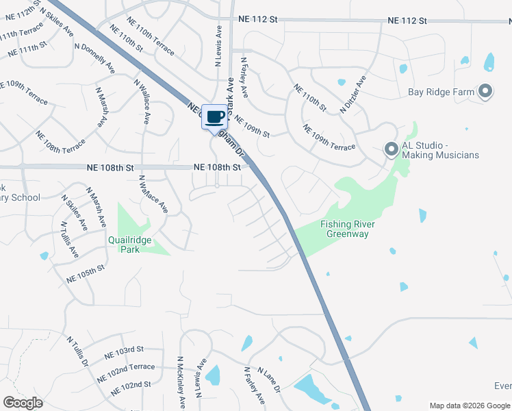 map of restaurants, bars, coffee shops, grocery stores, and more near 8909 Northeast 106 Place in Kansas City