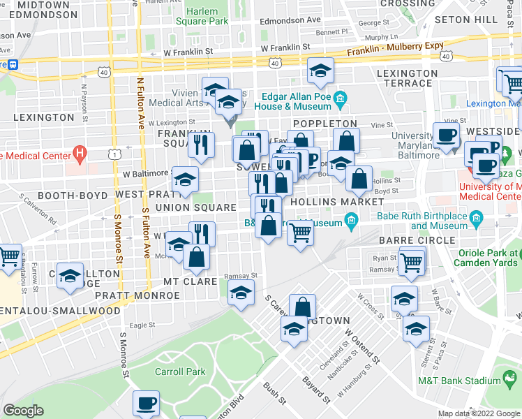 map of restaurants, bars, coffee shops, grocery stores, and more near West Lombard Street & South Carey Street in Baltimore