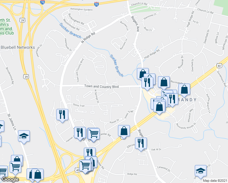 map of restaurants, bars, coffee shops, grocery stores, and more near 8761 Town and Country Boulevard in Ellicott City