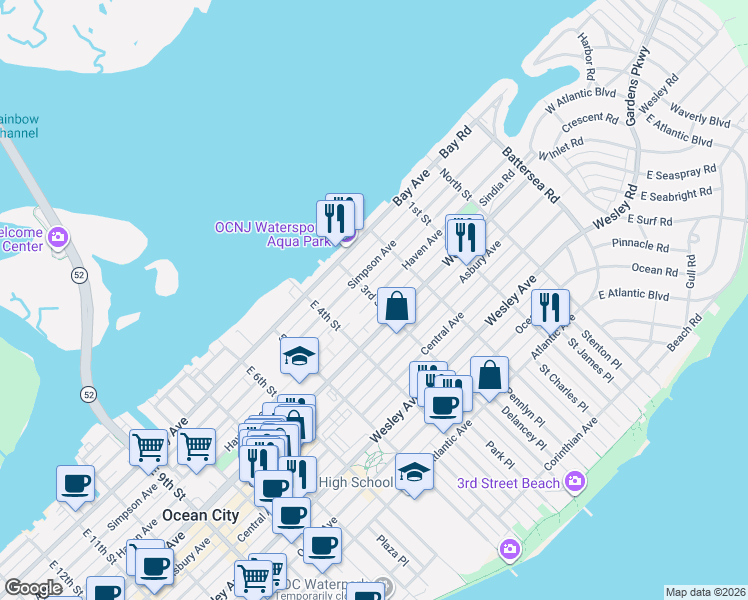 map of restaurants, bars, coffee shops, grocery stores, and more near 301 Haven Avenue in Ocean City