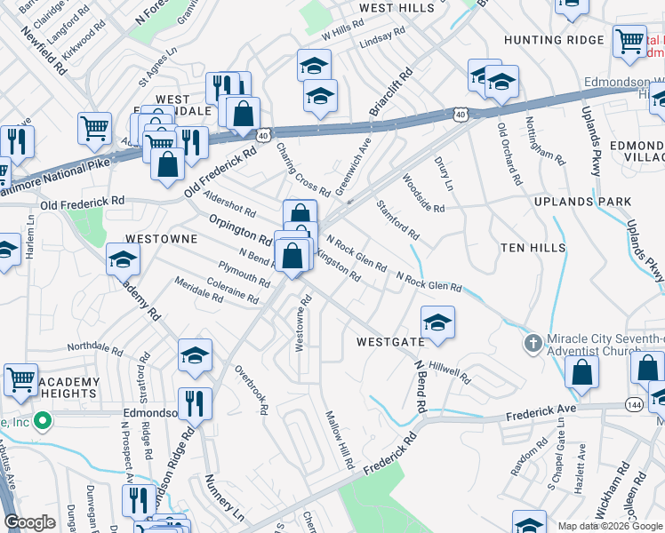 map of restaurants, bars, coffee shops, grocery stores, and more near 502 Kingston Road in Baltimore