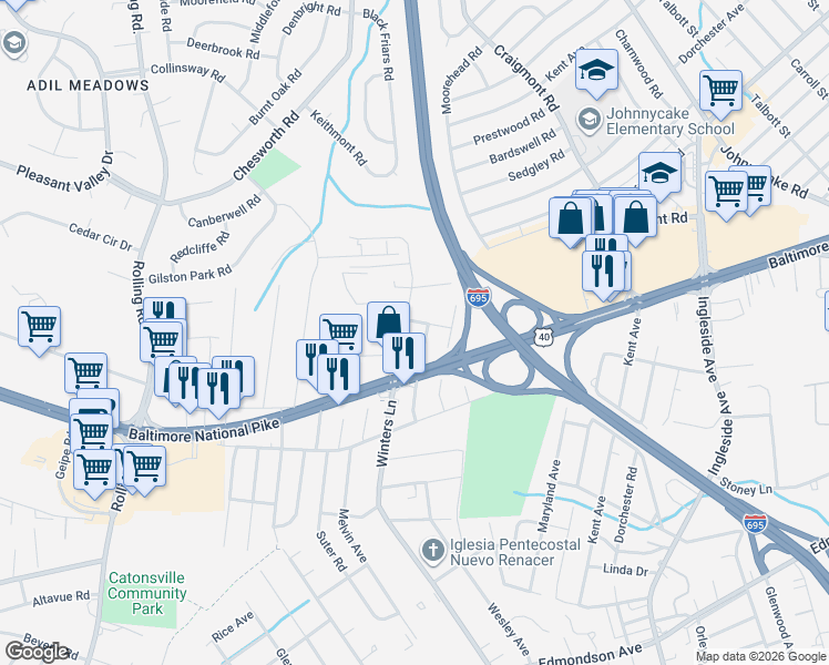 map of restaurants, bars, coffee shops, grocery stores, and more near 515 Winters Lane in Catonsville