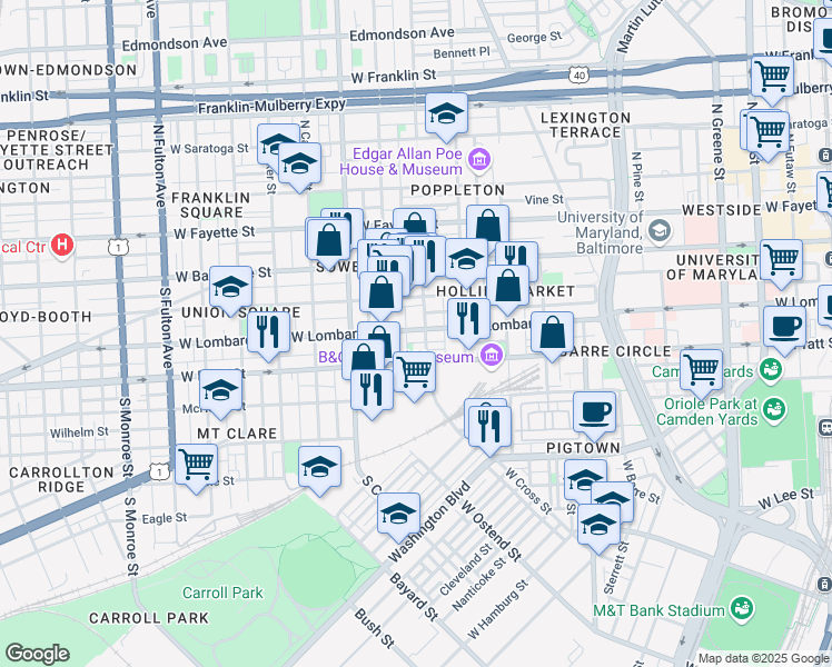 map of restaurants, bars, coffee shops, grocery stores, and more near 1105 West Lombard Street in Baltimore