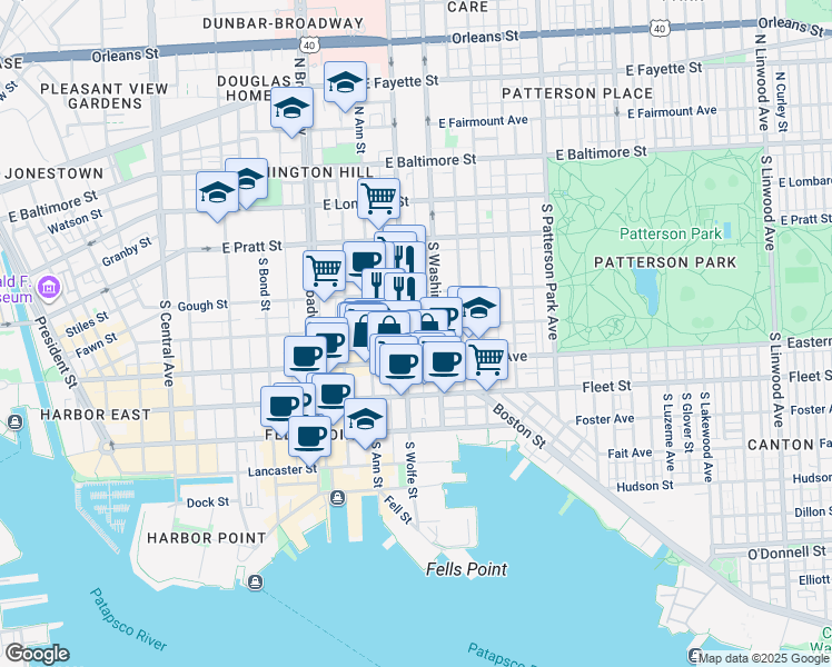 map of restaurants, bars, coffee shops, grocery stores, and more near 1913 Bank Street in Baltimore