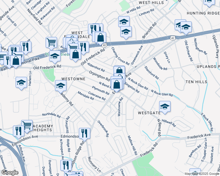 map of restaurants, bars, coffee shops, grocery stores, and more near 600 North Bend Road in Baltimore
