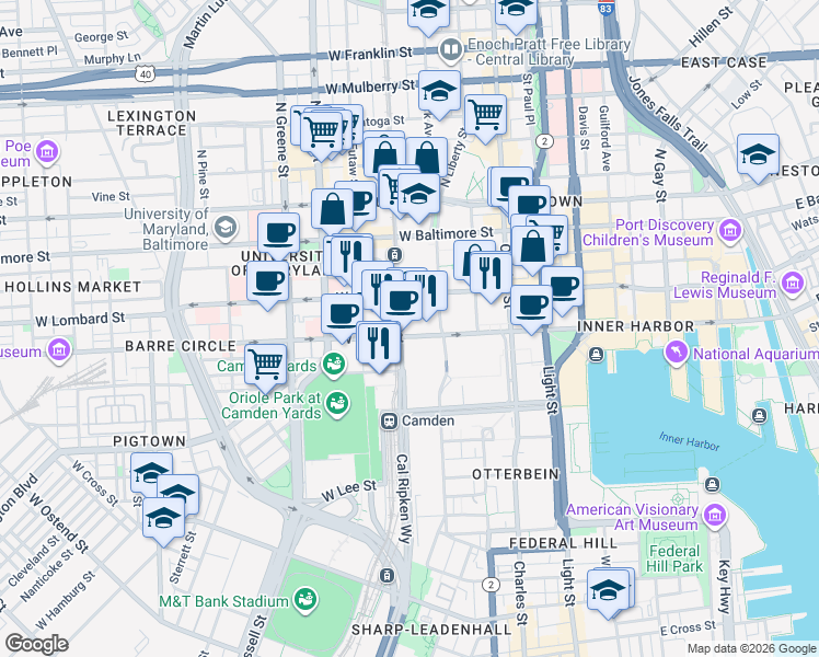 map of restaurants, bars, coffee shops, grocery stores, and more near 250 West Pratt Street in Baltimore