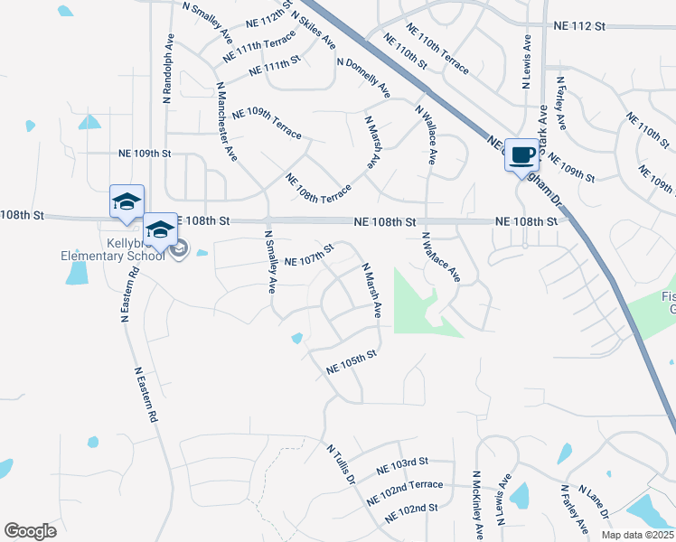 map of restaurants, bars, coffee shops, grocery stores, and more near 8200 Northeast 106th Terrace in Kansas City