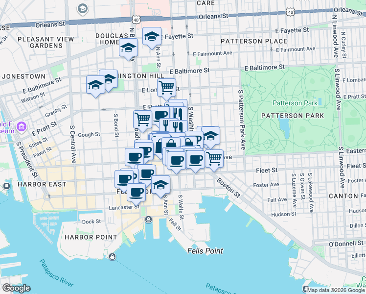 map of restaurants, bars, coffee shops, grocery stores, and more near 1913 Bank Street in Baltimore