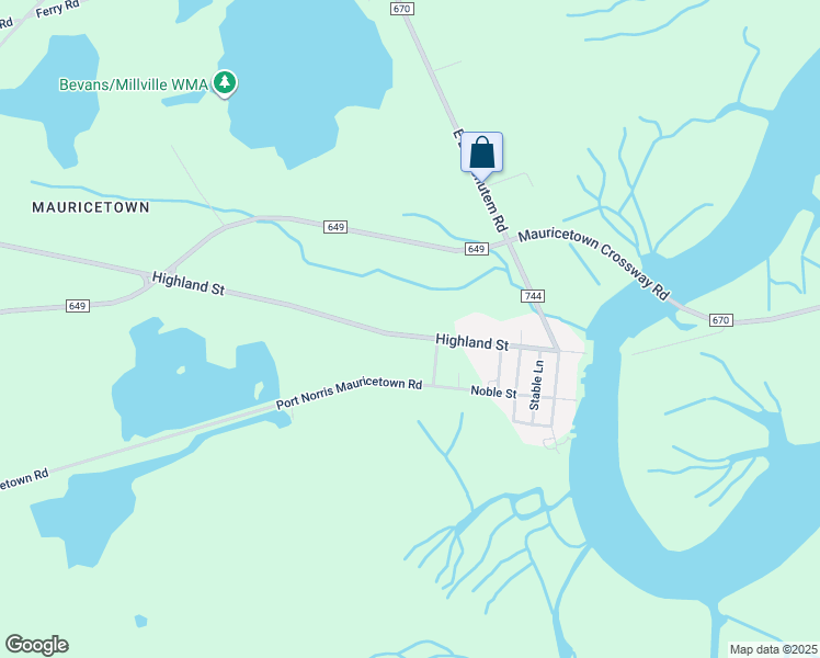 map of restaurants, bars, coffee shops, grocery stores, and more near 9516 Highland Street in Mauricetown